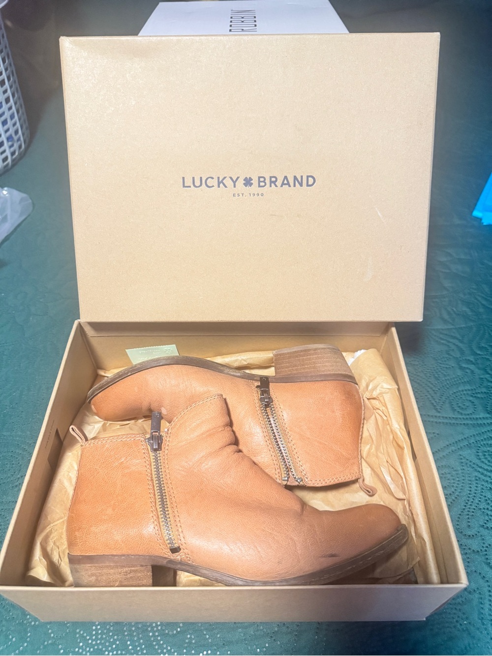 Lucky Brand Cognac Leather Ankle Booties with Side Zippers